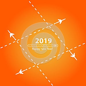 Creative happy new year 2019 design with Progress loading bar with airplane is in a dotted line. The flying apartment is