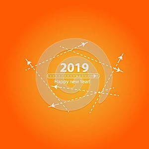 Creative happy new year 2019 design with Progress loading bar with airplane is in a dotted line. The flying apartment is