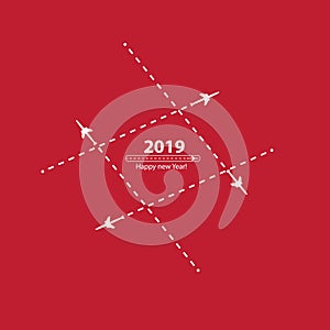 Creative happy new year 2019 design with Progress loading bar with airplane is in a dotted line. The flying apartment is