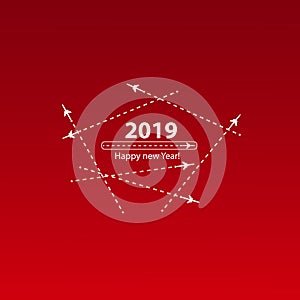Creative happy new year 2019 design with Progress loading bar with airplane is in a dotted line. The flying apartment is