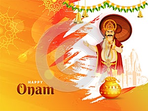 Creative Happy Onam Festival card or poster design, illustration of King Mahabali holding umbrella with coins pot.