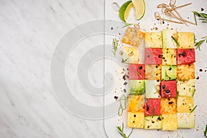 Creative Healthy Party Food, Square Fruit Pieces, Top View