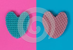 Creative heart from an edible wafer in pastel pink and blue colo