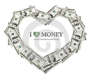 Creative heart frame made of dollars money