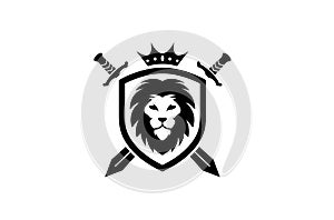 Creative Heraldic Black Lion Head Crown King Swords Shield Logo Design Symbol Vector Illustration