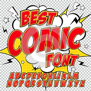 Creative high detail comic font. Alphabet in the red style of comics, pop art.