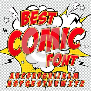 Creative high detail comic font. Alphabet in the red style of comics, pop art. photo