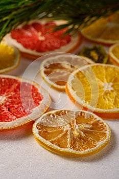 Creative holiday Christmas New Year food fruit texture with dried grapefruit, kiwi, orange and lemon with branch of fir tree