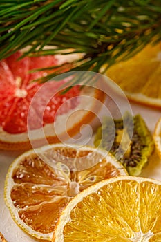 Creative holiday Christmas New Year food fruit texture with dried grapefruit, kiwi, orange and lemon with branch of fir tree