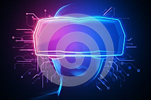 Creative hologram of digital head with VR glasses on dark background. Virtual reality and technology concept.