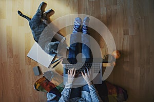 work from home concept - girl with cat