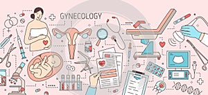 Creative horizontal banner with pregnant woman, baby in womb, uterus, gynecological examination chair and tools. Female photo