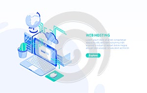 Creative horizontal banner template with laptop computer, server and place for text. Web or internet hosting technology