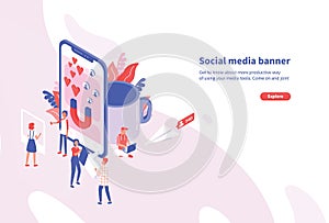 Creative horizontal web banner template with tiny people and giant smartphone. Social media and network tools for