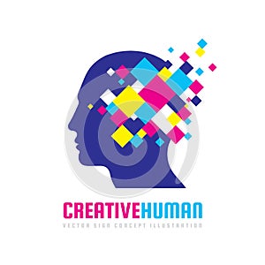 Creative human head - vector logo template concept illustration. Abstract design geometric elements. Modern digital technology.