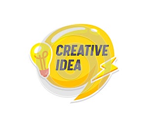 Creative Idea Banner, Yellow Speech Bubble with Flash and Light Bulb Isolated on White Background. Educational Element