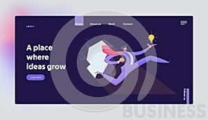 Creative Idea Business Challenge Website Landing Page. Brave Businessman with Glowing Light Bulb in Hand