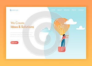 Creative Idea and Business Solutions Landing Page Template. Brainstorming and Innovation Concept with Business Woman