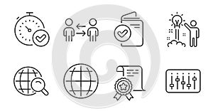 Creative idea, Certificate and Globe icons set. Dj controller, Teamwork business and Internet search signs. Vector