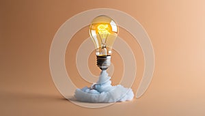 Creative idea concept light bulb rocket launch with smoke on gradient background