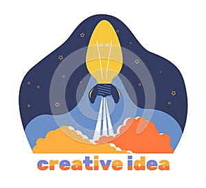 Creative idea concept, light bulb symbol of an idea soars to stars. Innovation and technologies. Shuttle launching