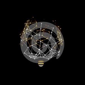 Creative idea emblem. Imagination design. Abstract polygonal structure lightbulb. Neural networks vector logo on black