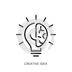 Creative idea flat line icon. Brain in lightbulb vector illustration.