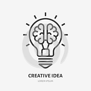 Creative idea flat line icon. Brain in lightbulb vector illustration. Thin sign of innovation, solution, education logo photo