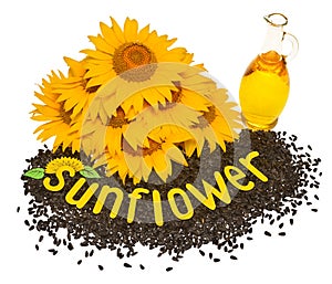 Creative idea flower of a sunflower, seeds and oil