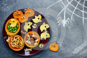 Creative idea for Halloween snack top view, fun Halloween food b