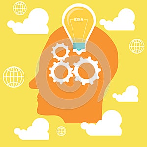 Creative idea, human head with a light bulb and gears. Vector illustration.