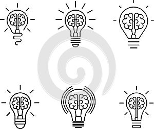 Creative idea icon. Brain, lightbulb icons. Innovation, education, idea, mind, thinking sign symbol logo. Vector illustration.