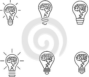 Creative idea icon. Brain, lightbulb icons. Innovation, education, idea, mind, thinking sign symbol logo. Vector illustration.