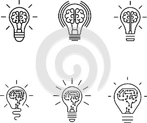 Creative idea icon. Brain, lightbulb icons. Innovation, education, idea, mind, thinking sign symbol logo. Vector illustration.