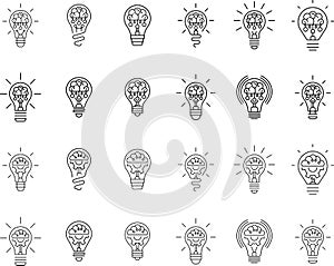 Creative idea icon. Brain, lightbulb icons. Innovation, education, idea, mind, thinking sign symbol logo. Vector illustration.
