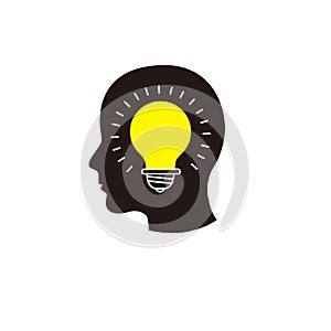 Creative idea image set with human head, brain, light bulb.