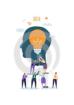 Creative Idea, Imagination, Innovation Concept with Light Bulb. Business People Characters Working Together on Project