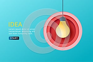 Creative idea, Innovation, Brainstorming concept with big light bolb and red circle paper cut layers on blue background