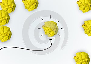 Creative idea, Inspiration, New idea and Innovation concept with Crumpled Paper light bulb on white background