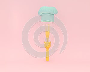 Creative idea layout made of forks with yellow light bulbs and chef hat glowing on pink color background. minimal business concept