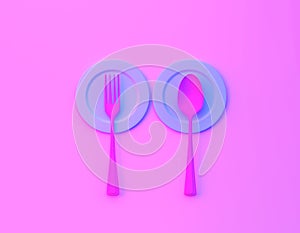 Creative idea layout made of spoons and forks with dish in bvibrant bold gradient purple and blue holographic colors background. m