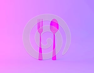 Creative idea layout made of spoons and forks in vibrant bold gradient purple and blue holographic colors background. minimal hea