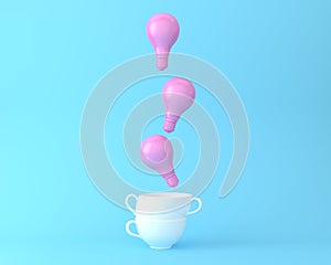 Creative idea light bulb pink floating with cup on pastel blue background. minimal business ideas concept