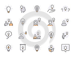 Creative idea line icon set. Electricity bulb, brainstorm presentation, education, solution minimal vector illustration