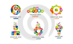 Creative Idea Logo with Bright Colored Gear Wheel and Light Bulb Vector Set