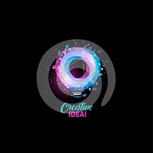 Creative idea logo, light bulb abstract vector icon. Isolated pink and blue round shape, stylized lamp with text