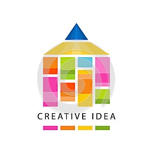 Creative idea logo original template with abstract color pencil. Educational business, children development center label