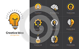 Creative idea logo set with human head, brain, light bulb.