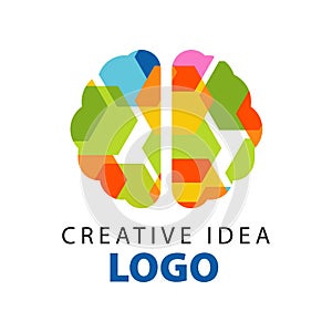 Creative idea logo template with abstract colorful flat brain top view. Education business or developing center label