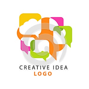 Creative idea logo template with abstract colorful overlapping speech bubbles icons. People brainstorming concept